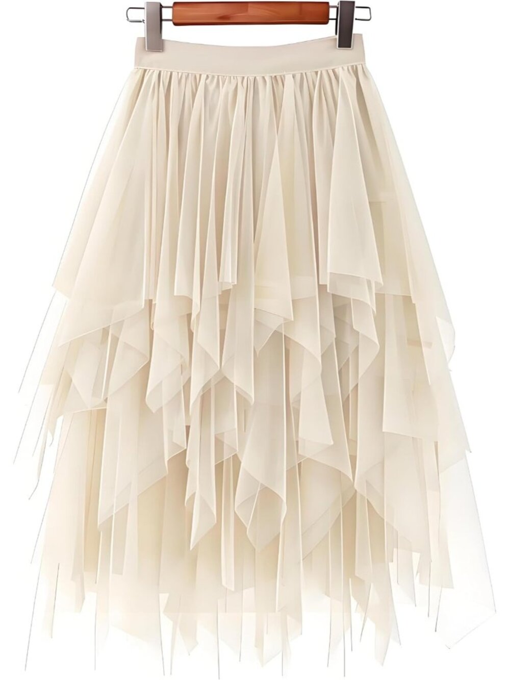 Women's Beige High Waist Layered Tulle Mesh Ruffle Asymmetric Hem Midi Skirt
